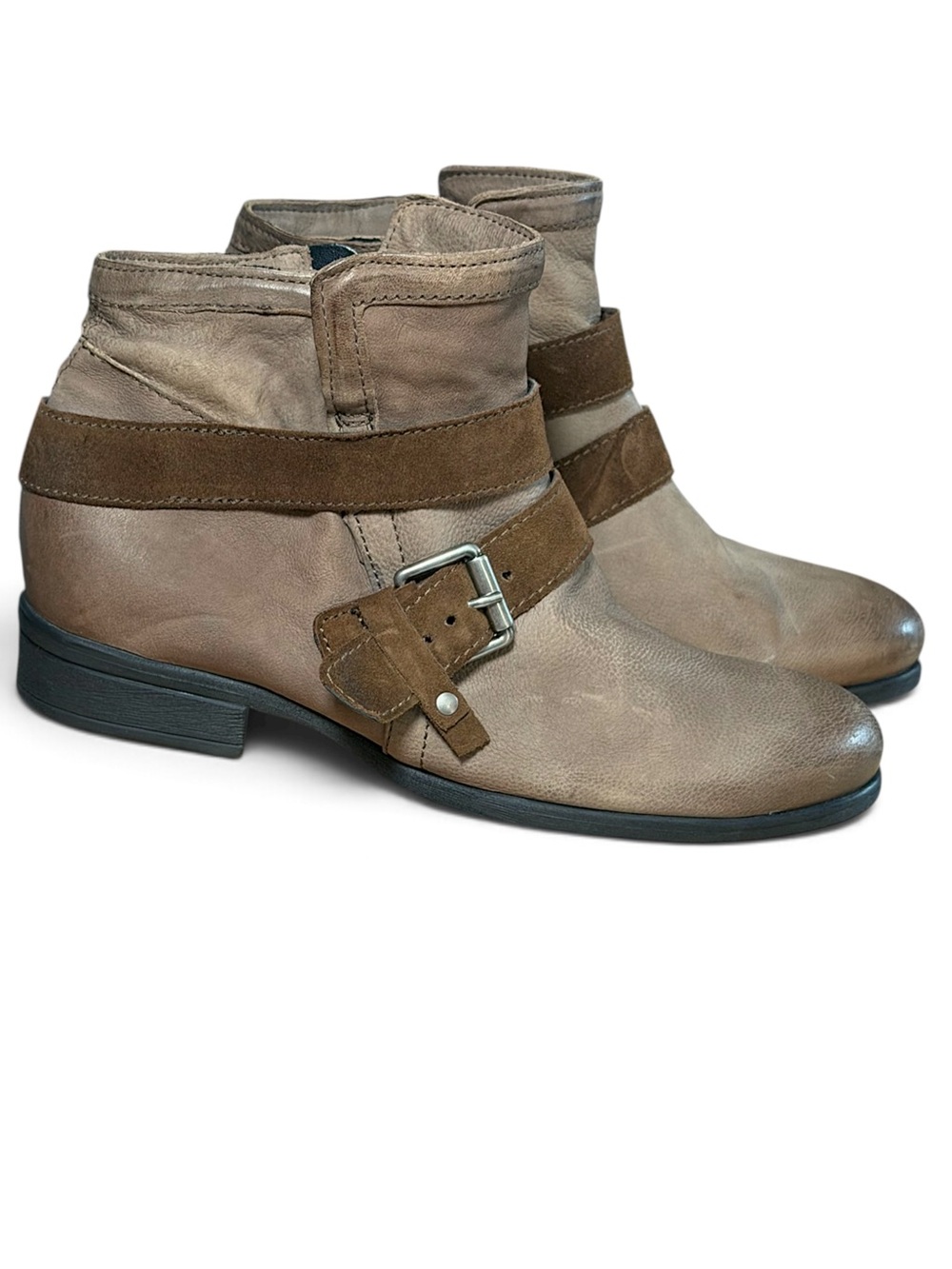 Miz Mooz Spencer Brown Leather Suede Buckle Strap Low Heel Ankle Boots EU 41